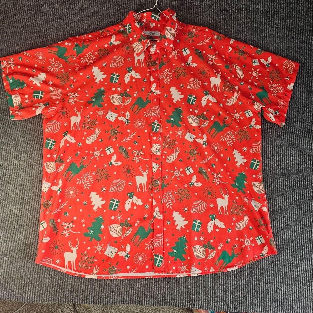 J&DHUASHA Shirt Mens 3XL Red Christmas Reindeer Print Short Sleeve Button Front
